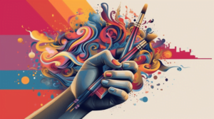 AI and Graphic Design illlustration of designer hand holding swirling art tools