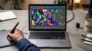Close-up of a designer's monitor screen displaying colorful AI-generated artwork in Adobe Creative Cloud, representing modern AI graphic design tools for professionals.